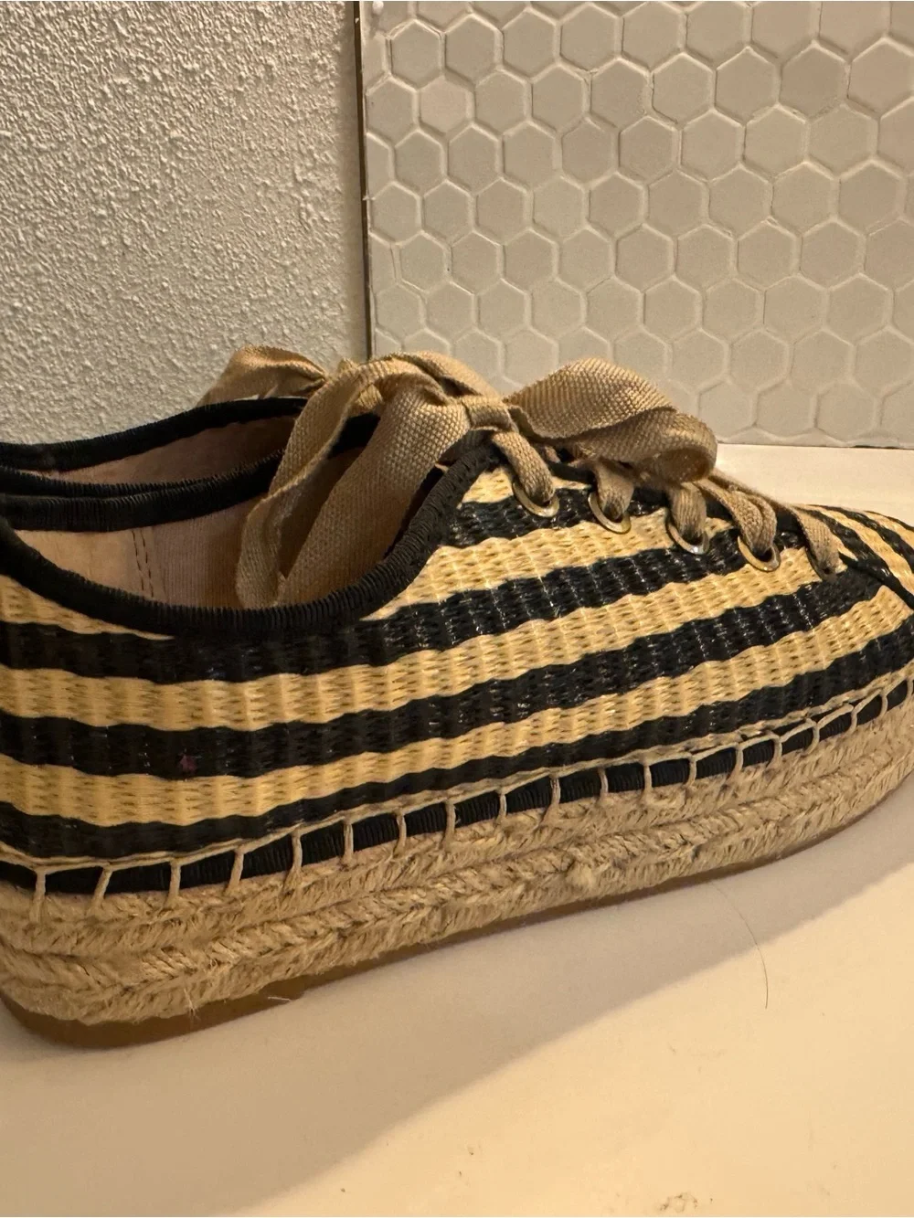 Sam Edelman Black & Natural Striped Platform Espadrille Sneaker